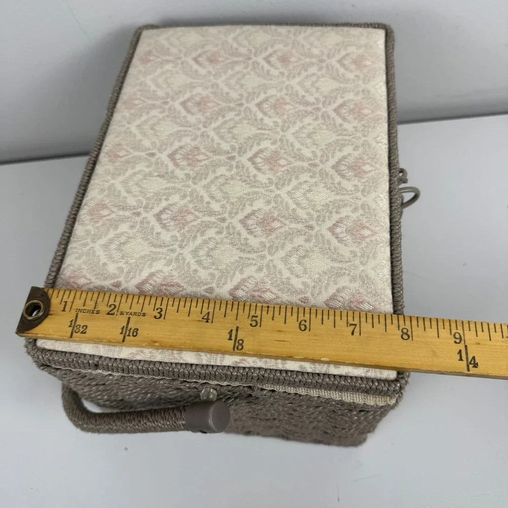 Vintage Woven Sewing Basket Damask Padded Lid Taupe Craft Organizer Box Handle